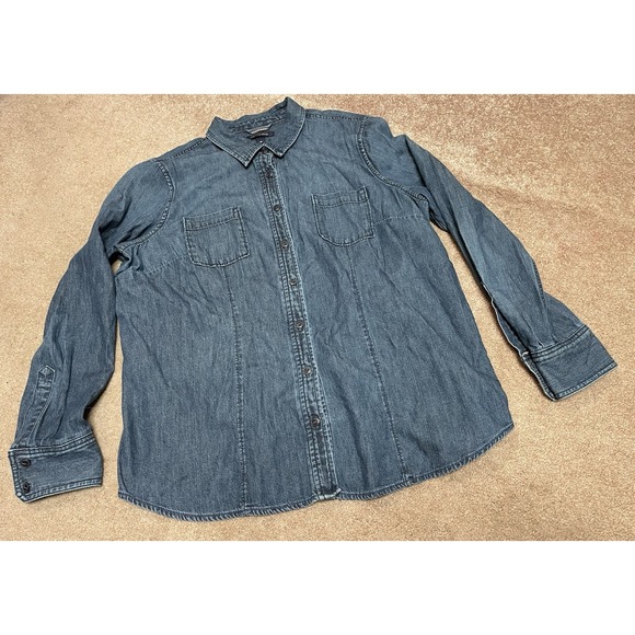 Lands' End Tops - Lands' End Long Sleeve Button-Up Dark Blue Denim Shirt Cotton‎ Women's 18
